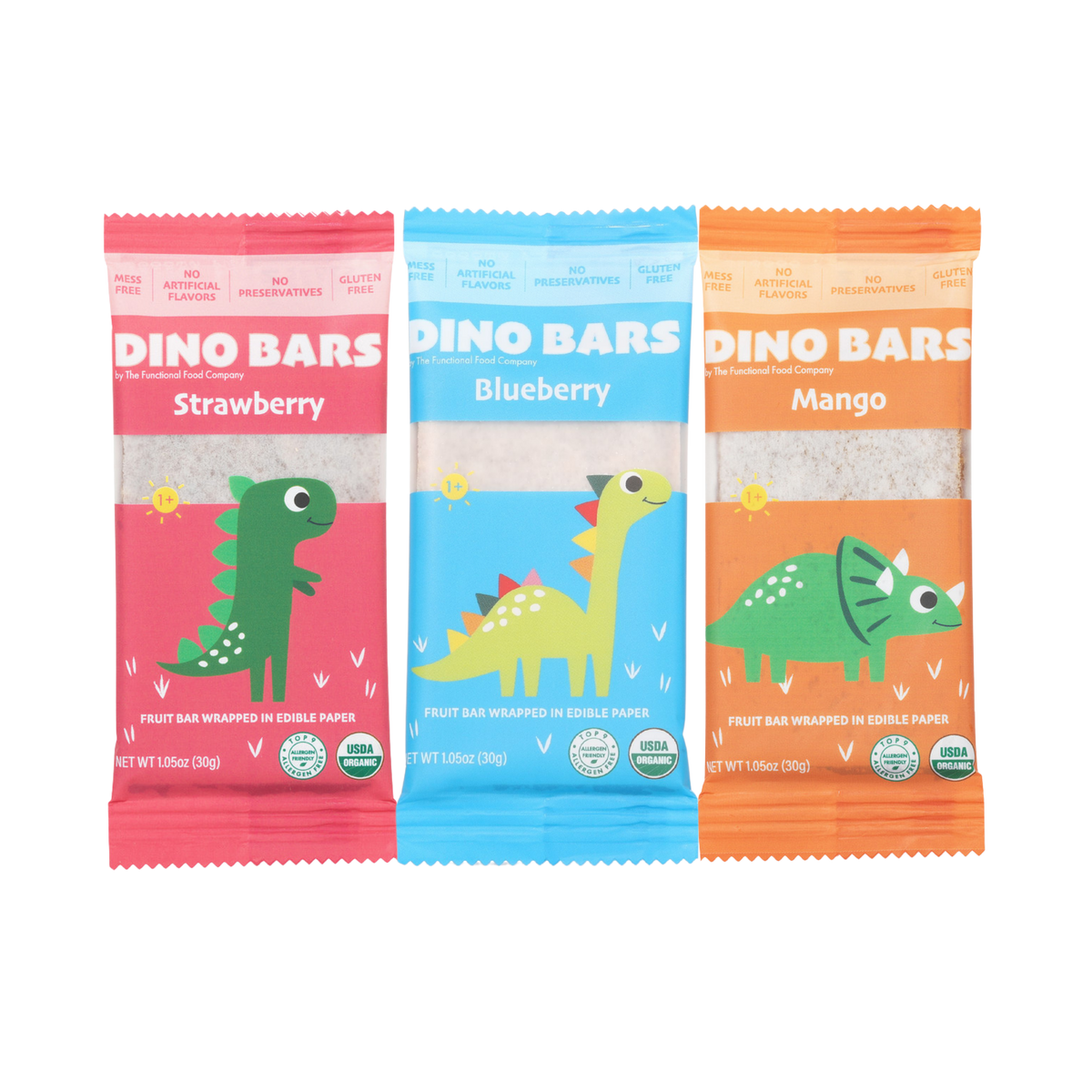 Three Dino Bars fruit bars in individual colorful wrappers, shown side by side on a plain white background. The wrappers are pink for Strawberry, light blue for Blueberry, and orange for Mango, each featuring a cartoon dinosaur illustration and the brand name DINO BARS.