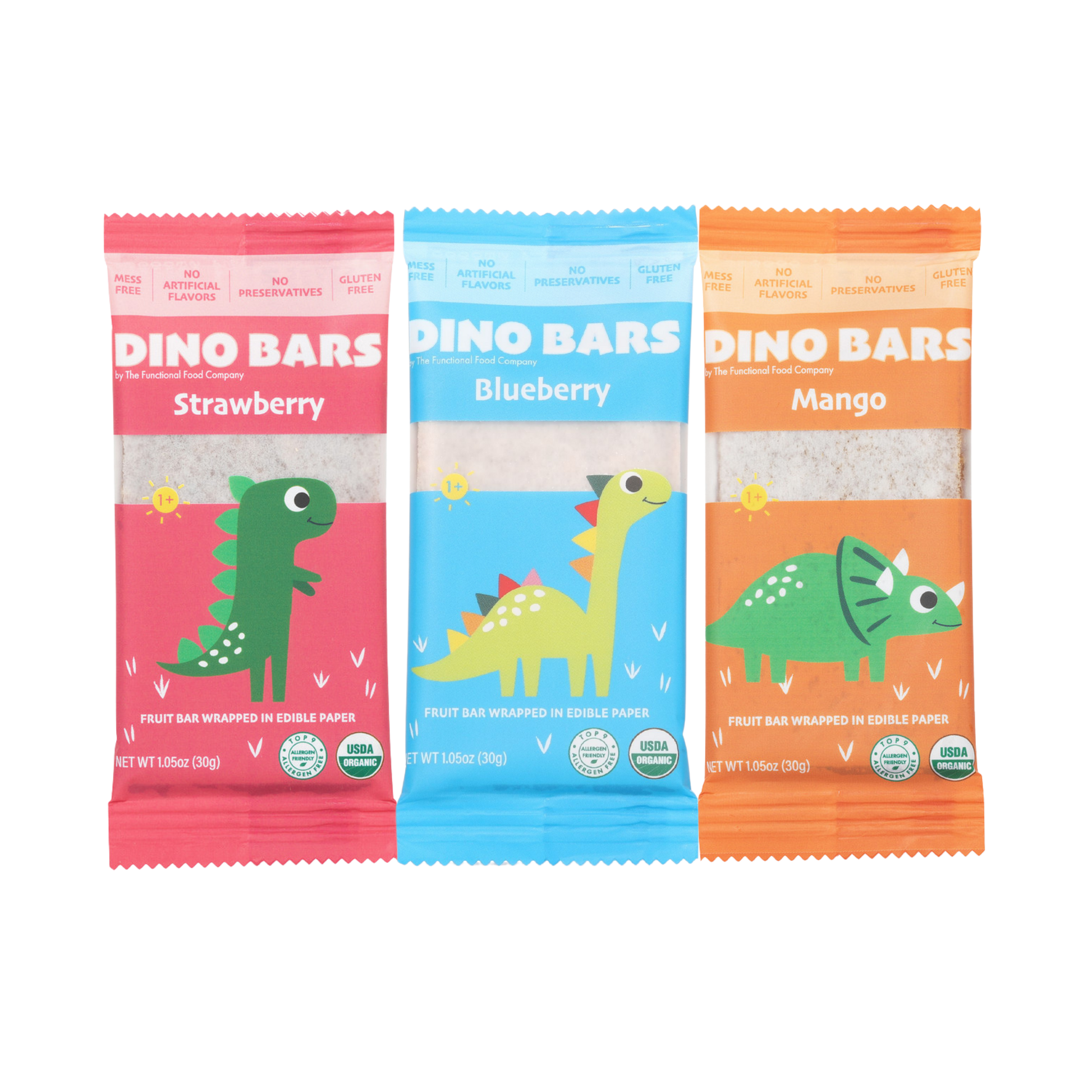 Three Dino Bars fruit bars in individual colorful wrappers, shown side by side on a plain white background. The wrappers are pink for Strawberry, light blue for Blueberry, and orange for Mango, each featuring a cartoon dinosaur illustration and the brand name DINO BARS.